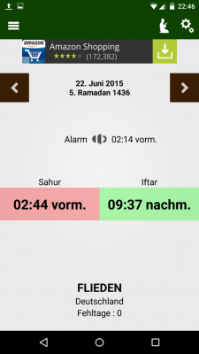 Auf der Hauptseite wird dir der aktuelle Tag des Ramadan sowie die Zeiten von Sonnenauf- und Untergang angezeigt.
