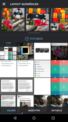 Die Startseite der App ist unterteilt in deine Galerie, Gesichter und aktuelle Fotos. Per Klick wählst du dir deine Bilder aus und erstellst ein Layout.