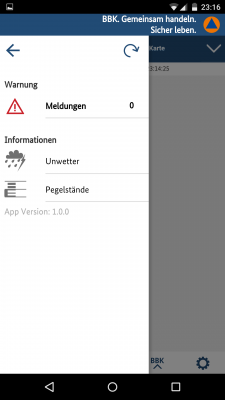 Im App-Menü werden Warnungen wegen Unwetter oder Hochwasser angezeigt.