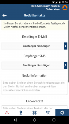  In der App können Notfallkontakte hinterlegt werden, welche im Katastrophen-Fall mittels vorher hinterlegter Textmitteilung kontaktiert werden.