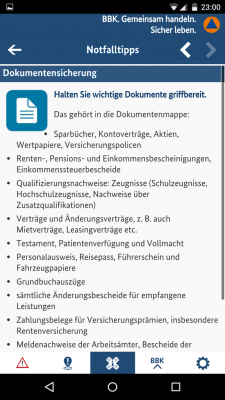 NINA zeigt an, welche Dokumente in einen Notfallrucksack gehören.