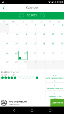 Im Kalender wird dein Training mit Datum, Uhrzeit und Workouts angezeigt.