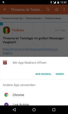 Wird das erste mal ein Kurzlink angetippt, muss man lediglich beim erscheinenden Menü App Redirect als Standardapp für Kurzlinks auswählen. Mehr ist für die Einrichtung nicht notwendig.