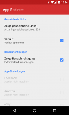 Die Einstellungen von App Redirect sind minimal gehalten. Neben der Möglichkeit einen Verlauf anzulegen, kann eingestellt werden, ob eine Toast-Benachrichtigung angezeigt werden soll, wenn ein Kurzlink aufgelöst wird. Für einige installierte Apps gibt es Sondereinstellungen für die Handhabung von Links, die zu dieser gewissen App leiten.