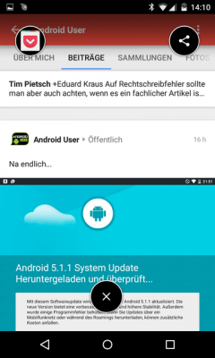 Zieht man die Blase in die Mitte, so erscheint ein kleines Menü. Links oben kann man den Link in Pocket ablegen, rechts oben öffnet sich ein Teilen-Menü.