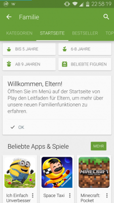 Wenn du in den Bereichen Apps, Spiele, Filme oder Bücher auf den Sternsymbol klickst, gelangst du auf die neue Familien-Seite im Play Store.