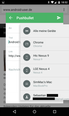 Aus dem Browser heraus lassen sich Links direkt an eines oder mehrere Geräte senden.