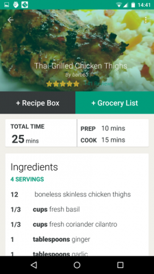 Nach Anklicken eines Rezeptes erhältst du die Zutaten-Liste sowie die Zubereitung. Du fügst das Rezept deiner Rezept-Box hinzu, oder lässt dir eine Einkaufsliste erstellen.