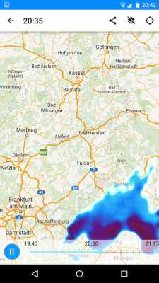Auf der Karte werden die Regenwolken blau dargestellt.