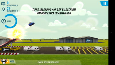Nach dem Sprung über die Schanze fliegt dein Auto durch die Luft und zerstört beim Herunterfallen die Caravans.