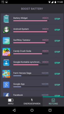 Der Tab Nutzing zeigt dir alle Apps, unterteilt in hohen und niedrigen Energieverbrauch, an.