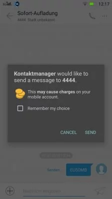 Auch beim Versand einer SMS erschien ein Warnhinweis, dass das potentiell Kosten verursachen kann.