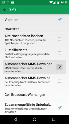 Hangouts lädt mit den Grundeinstellungen MMS-Nachrichten automatisch herunter.