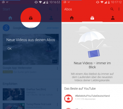 Hast du ein YouTube-Kanal und bist in der App angemeldet, erscheint ein dritter Tab mit neuen Videos aus deinen Abos.