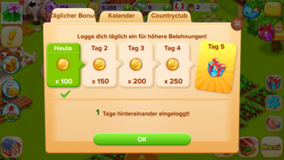 Für das tägliche Einloggen bekommst du einen Bonus.
