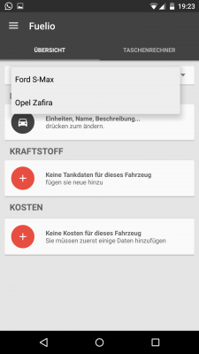 Um den Kraftstoff und die Kosten für jedes Fahrzeug anzugeben, wechselst du mit einem Klick die Fahrzeug-Typen.