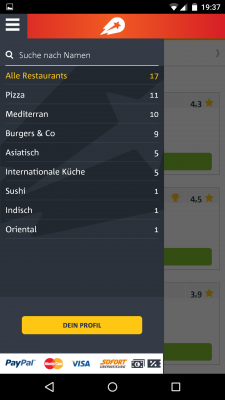 In den Städten werden dir diverse Restaurants sortiert angezeigt.