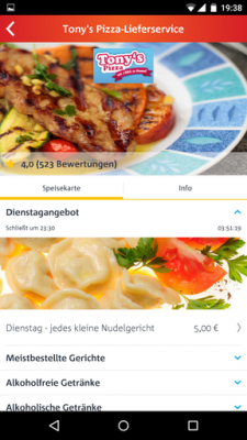 Nach Auswahl eines Restaurant schaust du dir die Speisekarte an. 