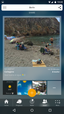 Mittels Share-Button teilen die Mitglieder der Community ihre Wetterdaten vor Ort. Diese kannst du liken, kommentieren oder selbst weiterteilen.