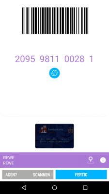 Um nun eine Karte scannen zu lassen rufst du diese auf und klickst auf den Barcode-Button. Der Code erscheint und kann gescannt werden. 