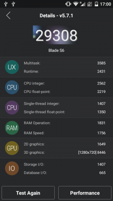 Mit rund 30.000 Zählern beim AnTuTu-Benchmark passt die gemessene Leistung des ZTE Blade S6 zur gefühlten Performance des Smartphones.