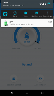 Über die Benachrichtigungsleiste hast du schnellen Zugriff auf die Boost-Funktion und deine zuletzt verwendeten Apps.