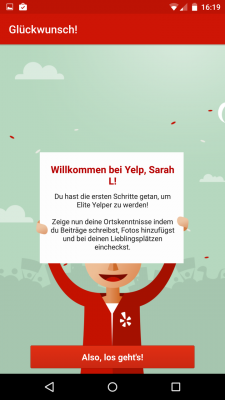 Nachdem die Anmelde-Prozedur überstanden ist bist du ein “Elite-Yelper”.