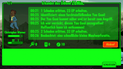 Der arme Bewohner der die Ödnis erkundet zeigt dir seine erlittenen Leiden minutiös auf.