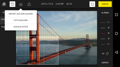 Du importierst Fotos aus der Galerie oder der Cloud. Ebenfalls erstellst du direkt über die App neue Fotos.