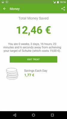Smoke Free zeigt an, wie lange es dauert bis du dir durch das gesparte Geld einen Wunsch erfüllen kannst. 