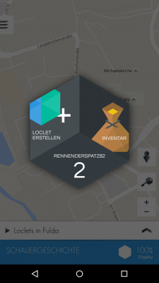 Das Schwarze Sechseck zeigt dir dein derzeitiges Spieler-Level und dein Profil an. Um selbst neue Loclets zu erstellen musst du erst den Autorenstift “erquizzen”.
