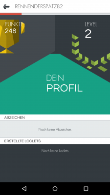  In deinem Profil siehst du dein derzeitiges Spieler-Level, deinen Punktestand und deine gegebenenfalls schon erstellten Loclets.
