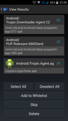 Die ersten zwei Schädlinge lassen sich problemlos auf der SD-Karte löschen. Für die App Note.apk müssen hingegen Root-Rechte vorhanden sein, da sie sich im /system-Verzeichnis befindet.