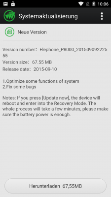 Gleich zu Beginn unseres Tests begrüßte uns das Elephone P8000 mit einem Software-Update.