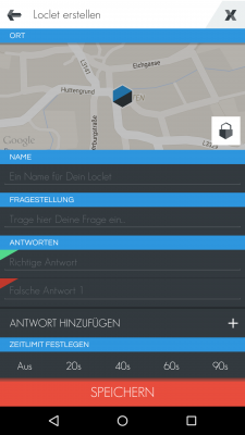 Du wählst einen Ort sowie eine Frage und die Antwortmöglichkeiten aus.