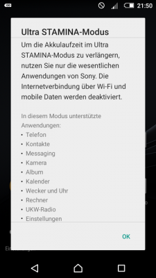 Hier eine Auflistung, welche Apps mein Z3 Compact im Ultra-Stamina-Modus noch anbietet