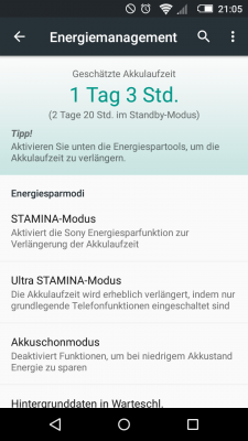 Hier befinden sich neben den Modi "Stamina" und "Ultra-Stamina" auch noch weitere Optionen, die Deinen Akku schonen können