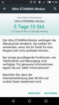 Die Akkulaufzeit verlängert sich bei Verwendung des Ultra-Stamina-Modus enorm