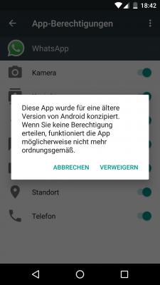 Willst du einer älteren App unter Android 6.0 die Rechte entziehen, blendet das System eine Warnmeldung ein.