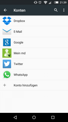 Ein Beispiel der Konten-Übersicht, welche zur Synchronisierung bereit stehen. Apps wie Whatsapp tragen euer Benutzerkonto hier selbstständig ein.