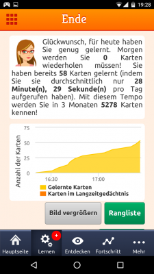 Am Ende einer jeden Lektion bekommst du eine Statistische Übersicht deiner gelernten Wörter. 
