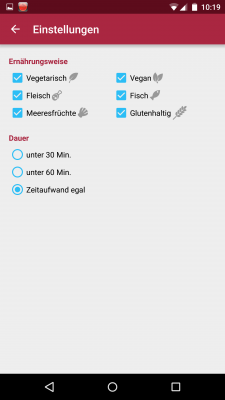  Über die Einstellungen wird die Zeichenerklärung vorgestellt und ebenfalls wählst du aus, welche Rezepte du angezeigt bekommen möchtest.