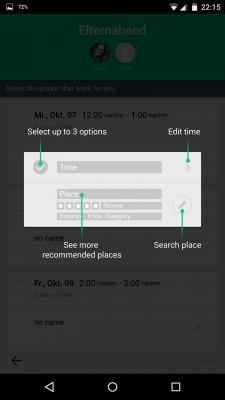 Kono.ai schlägt dir drei eventuell passende Termin sowie diverse in der Nähe befindliche Orte für ein Treffen vor.