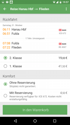 Du wählst aus, ob 1. oder 2. Klasse-Abteil, mit oder ohne Reservierung und fügst dann alles deinem Warenkorb hinzu.