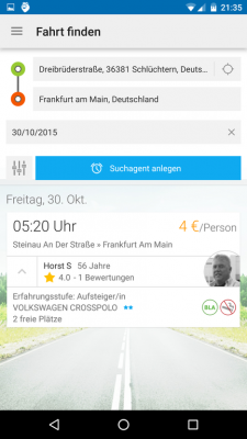 Mögliche Fahrten an dem von dir gewünschten Termin werden dir direkt angezeigt. 