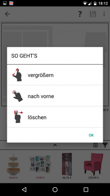 Per Fingergesten vergrößerst und verkleinerst du die Produkte, verschiebst oder löscht du sie.
