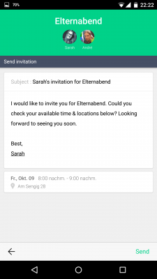 Per E-Mail oder SMS versendest du Einladungen zu den Terminen an deine Kontakte.