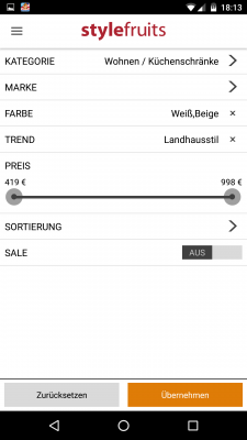Mittels Filter wählst du dir die Möbel aus.