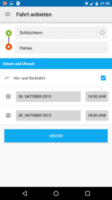 Du selbst kannst Fahrten mit Abfahrts-, Ankunftsort, Datum und Uhrzeit anbieten. 
