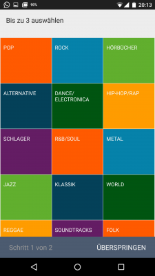  Du wählst drei Genres aus und ALDI Musik schlägt dir passende Musik vor.